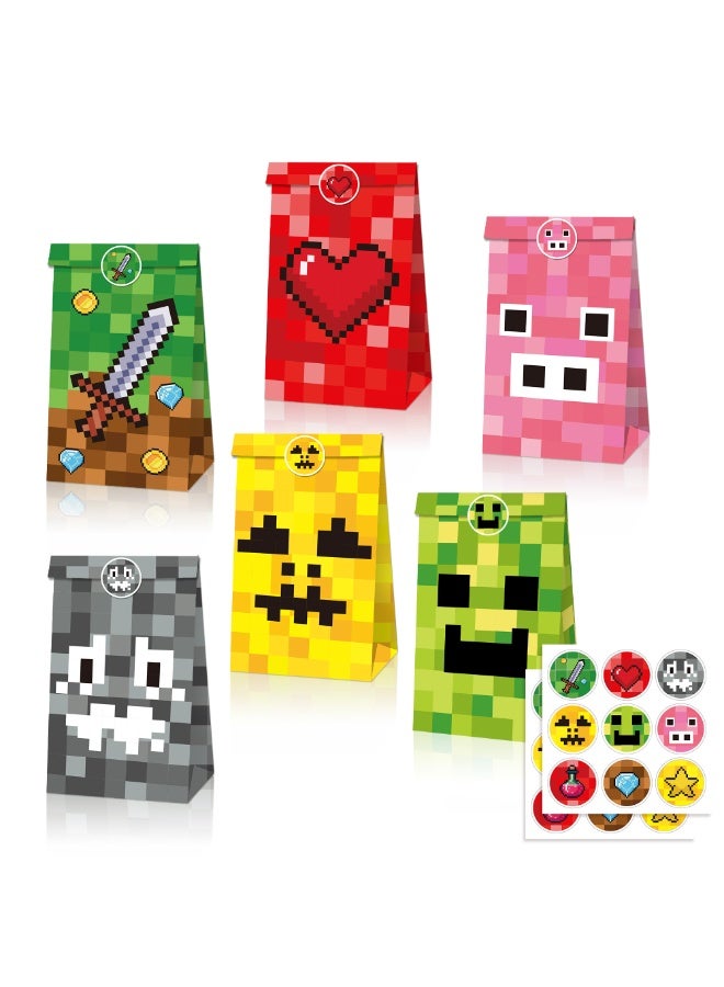 ILovhaprty 30pcs Minecraft Candy Bags Set with Stickers - 12 Pixel Game Treat Bags with 6 Different Styles + 18 Round Stickers Creeper Theme Party Favors for Kids Birthday Party Supplies - Image 1